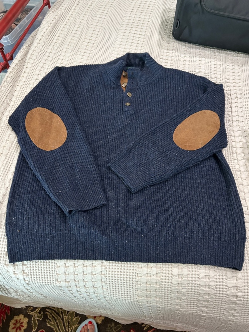Men's Orvis Navy Knit Sweater with Brown Elbow Patches